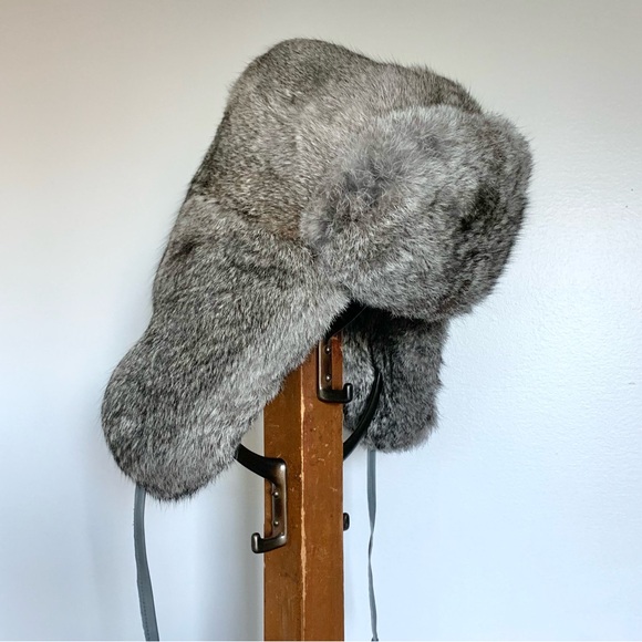 Gray Rabbit Fur Trapper Hat - Picture 1 of 15